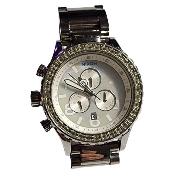 Nixon Analog SS WHT SLV Quartz Chronograph Divers Minimize Th42-20 Chrono #1b8a - Picture 1 of 9